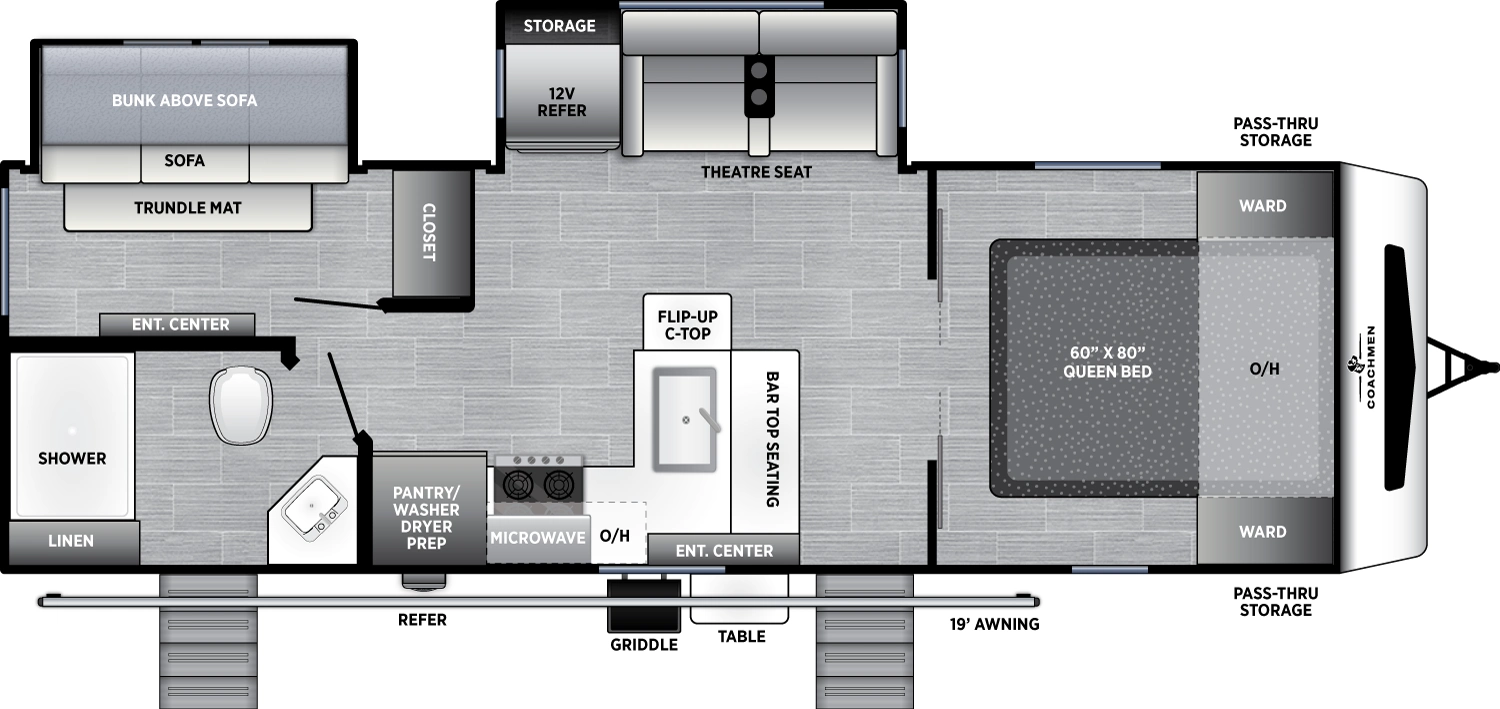 The Freedom Express Ultra Lite 271BHE floorplan has two entries and two slide outs. Exterior features include: fiberglass exterior, 19' awning and outside kitchen. Interiors features include: bunk beds and front bedroom.